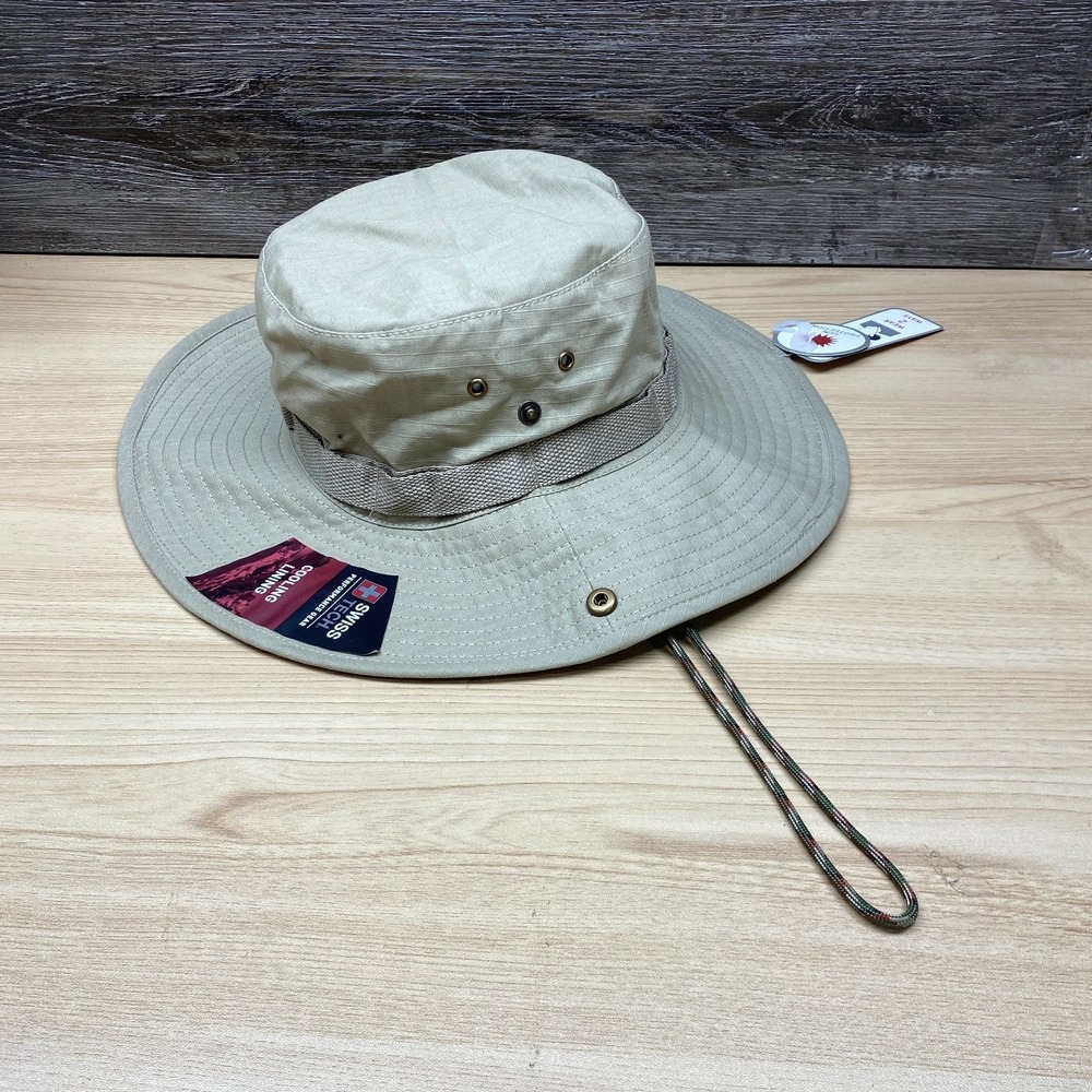 Swiss Tech Hat Cap Strap Back Beige Boonie Bucket Safari Outdoor Hiking Sun S-M